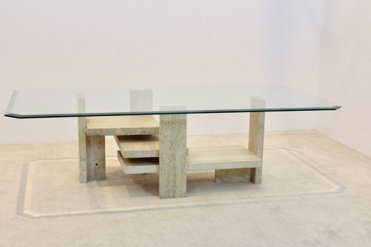 Willy Ballez travertine and cubist glass sculptural coffee table