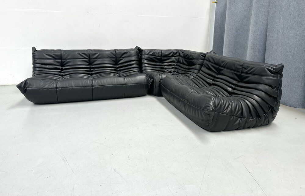 French Togo living room set in black leather by Michel Ducaroy for Ligne Roset, set of 3