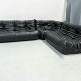 French Togo living room set in black leather by Michel Ducaroy for Ligne Roset, set of 3