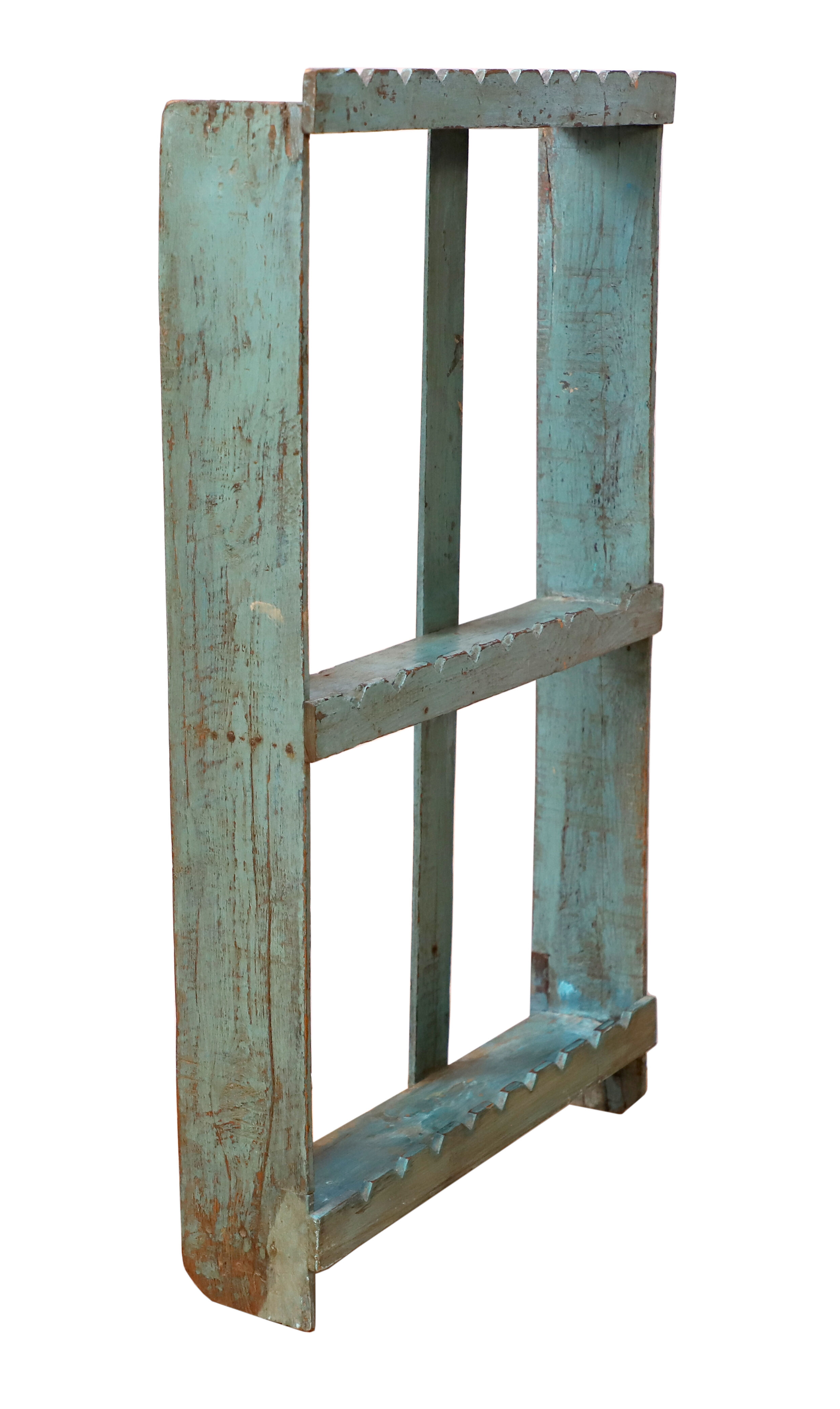 Burmese teak wall shelf with original green patina