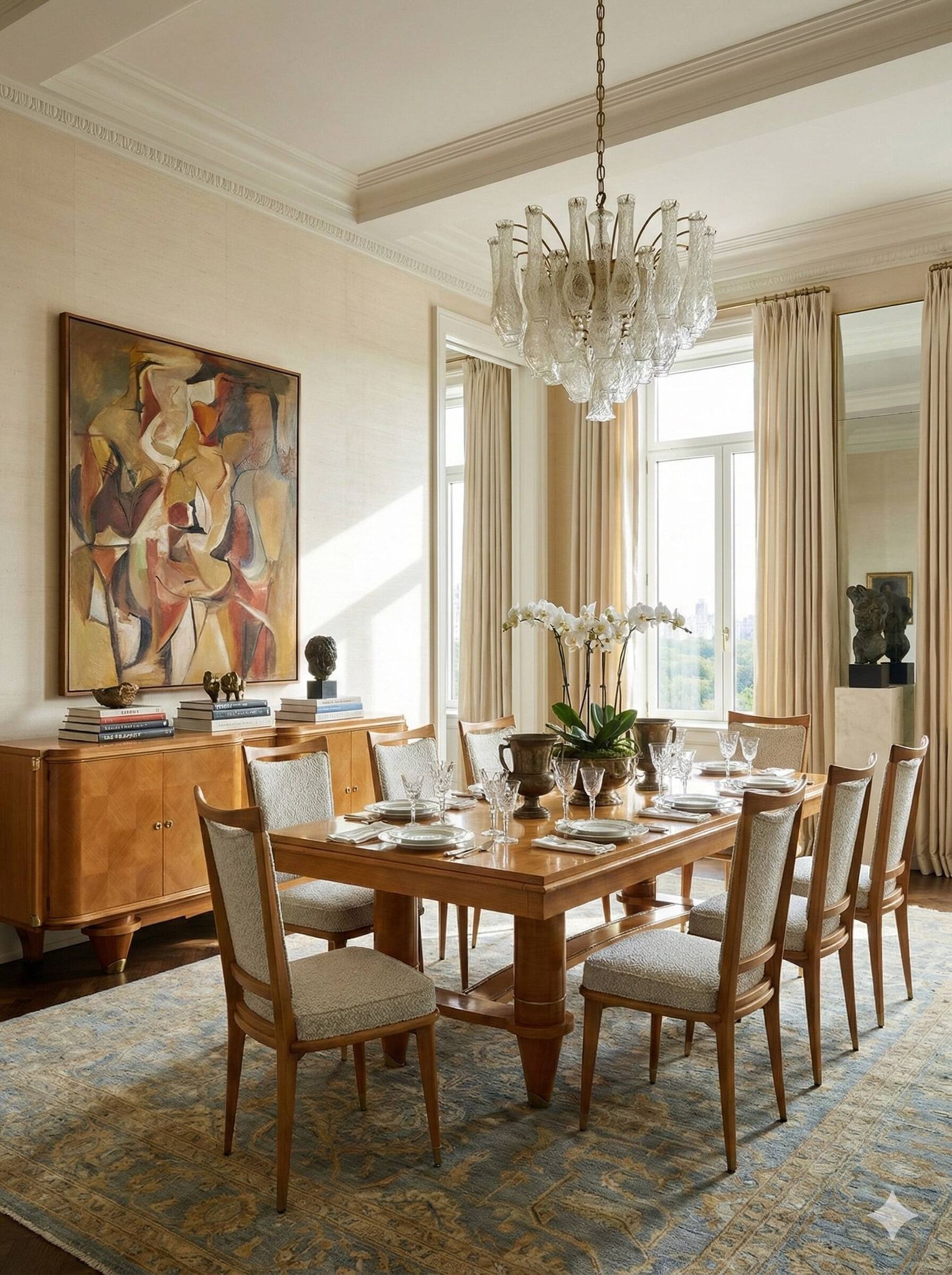 Dining room suite in sycamore, French Art Deco in the style of André Arbus, circa 1940.