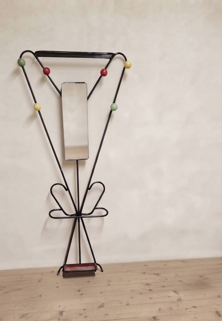 Vintage coat rack attributed to Roger Feraud, black metal with coloured spheres, 1970s, 180 x 82 x 22 cm