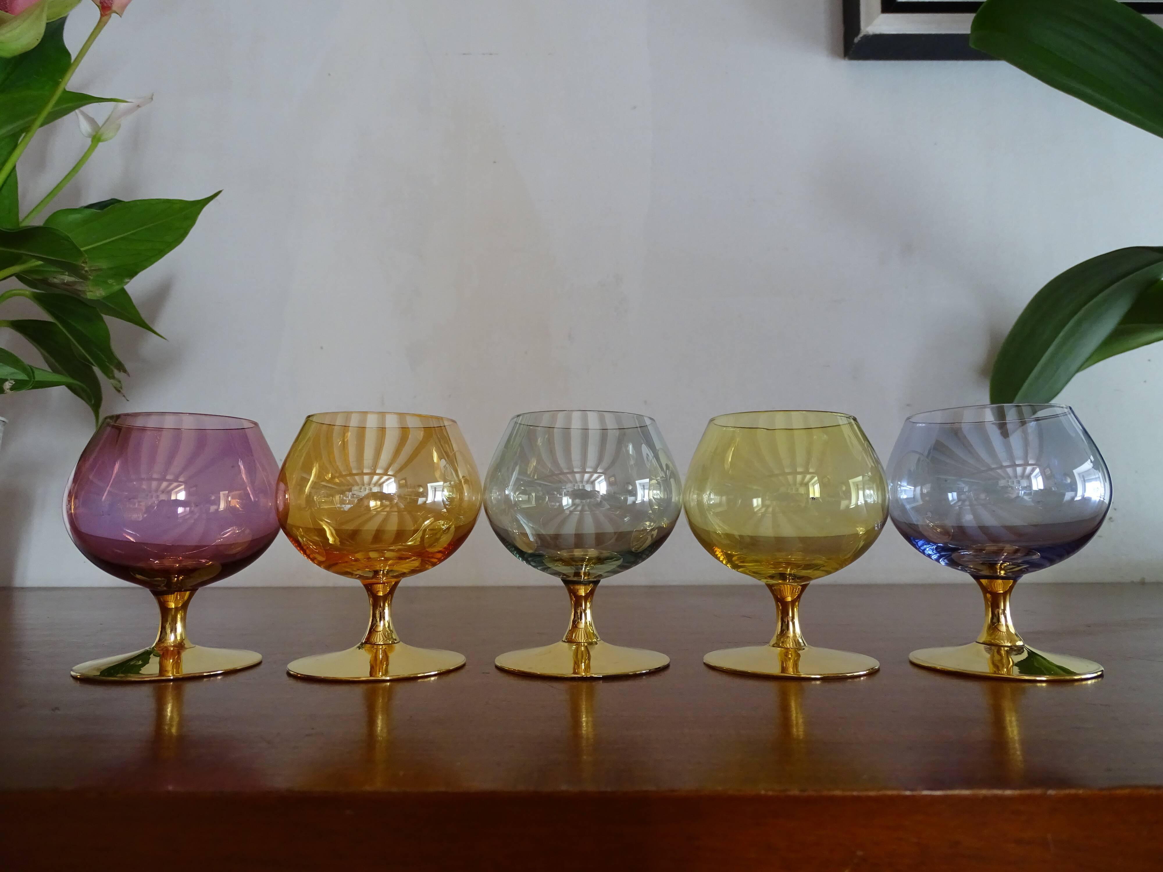 5 vintage coloured cognac glasses