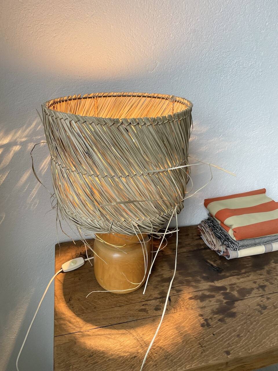 50s wood and straw lamp