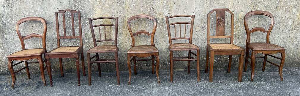 Ensemble de 7 chaises bois et cannage, vintage