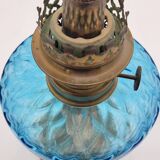 Blue glass and brass oil lamp