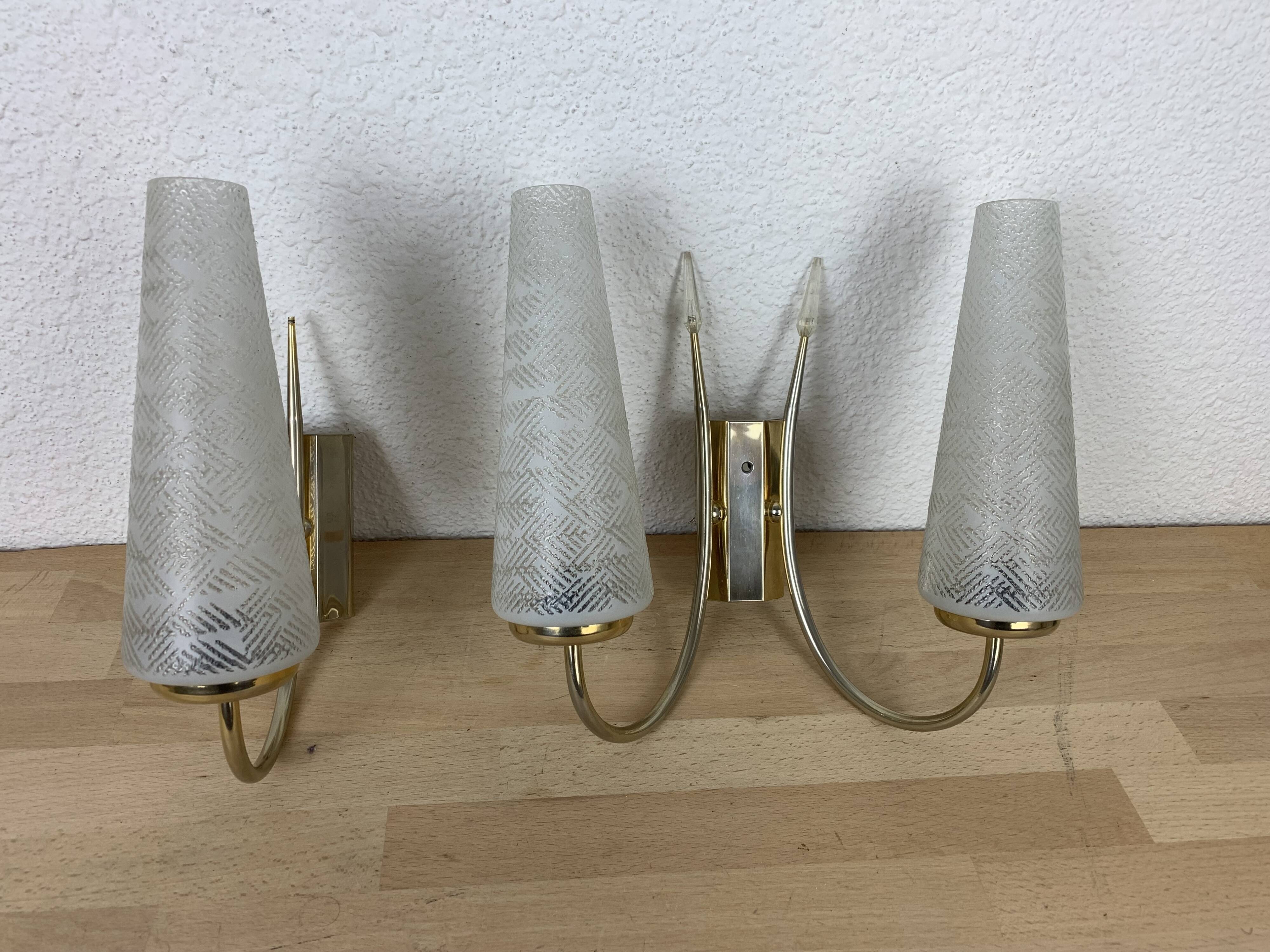 Pair of brass and opaline wall lamps 50s