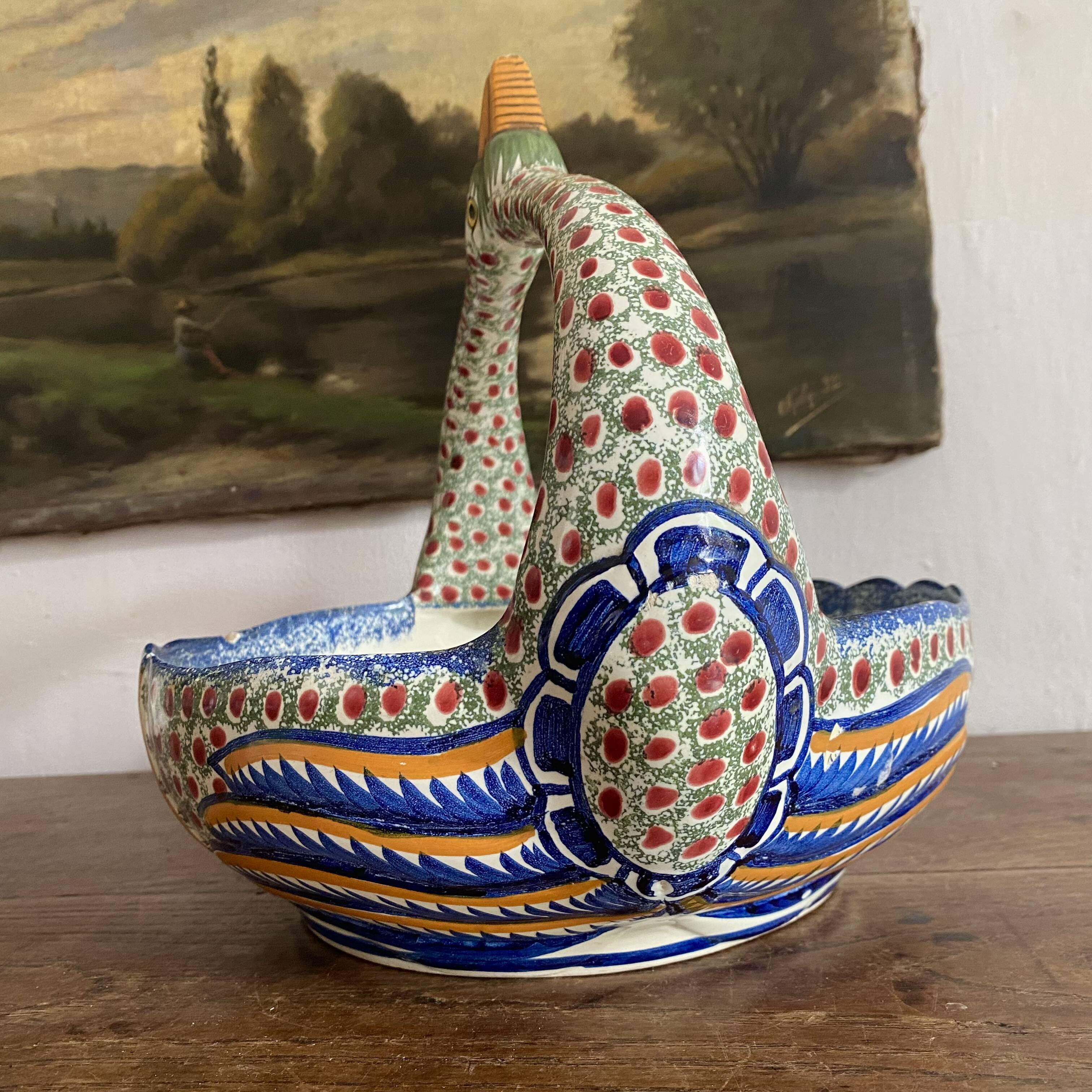 Fruit bowl, bird head handle HB Quimper Breton earthenware