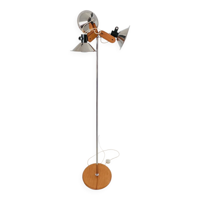 Lampadaire trois feux en bois et métal chromé, Espagne années 70