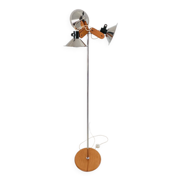 Lampadaire trois feux en bois et métal chromé, Espagne années 70