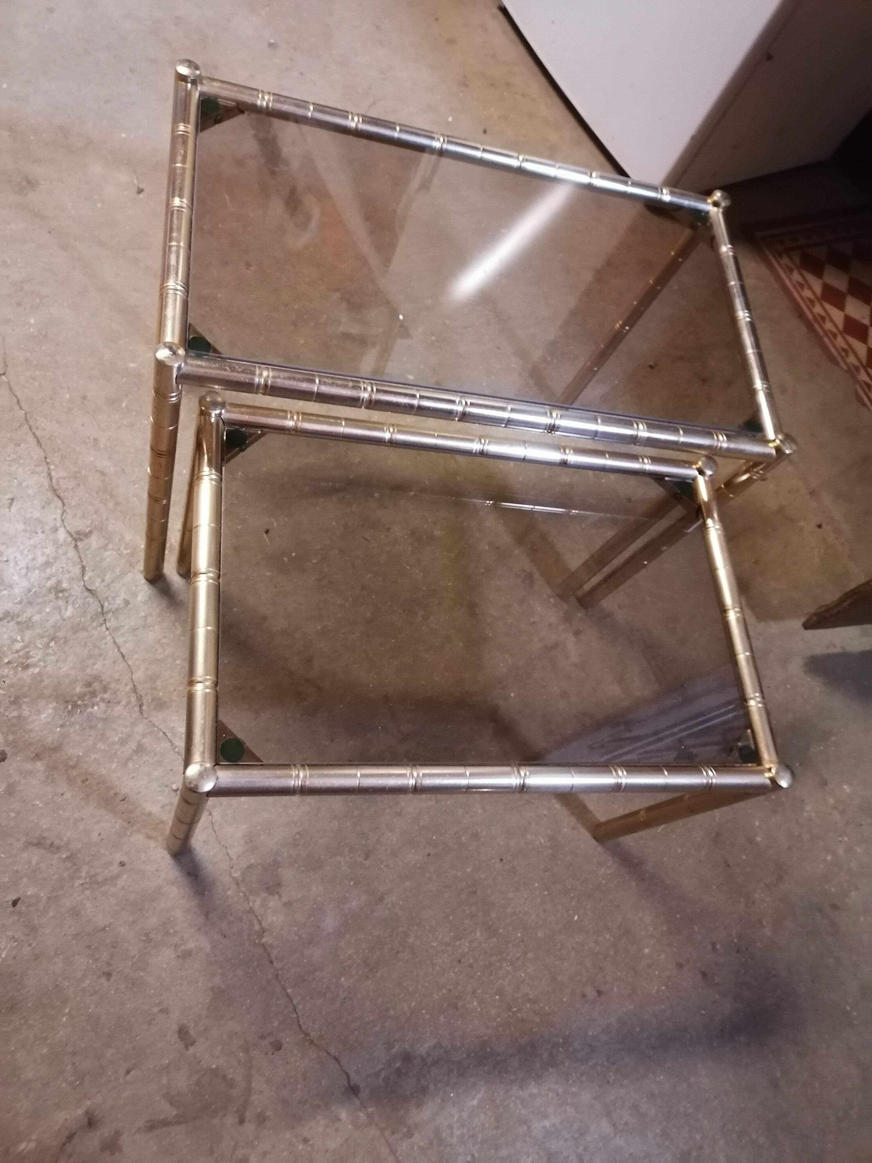 2 brass trundle tables bamboo style smoked glass 1960 1970