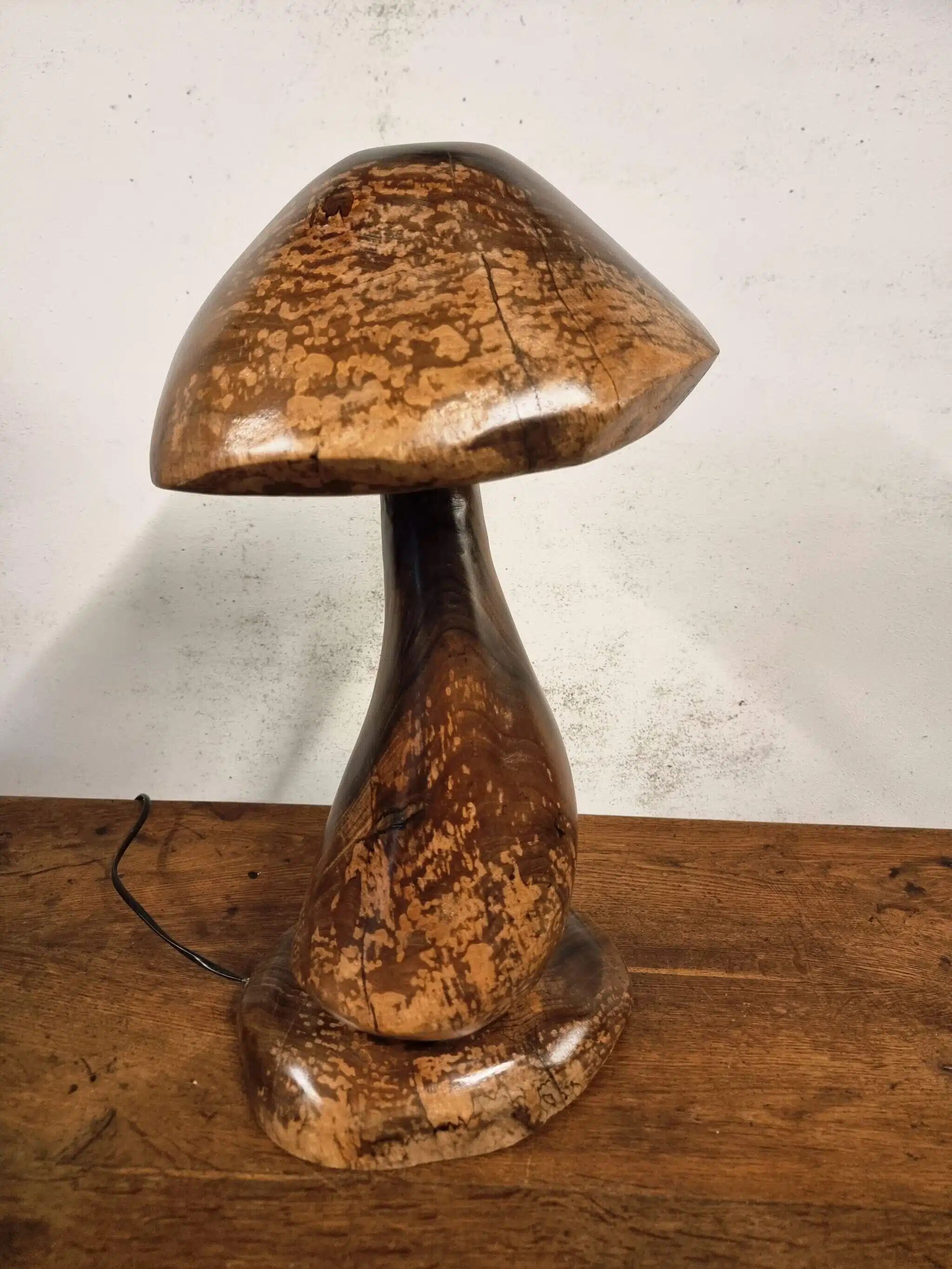 Hand-carved wooden mushroom table lamp with integrated LED