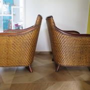 Set of 2 armchairs in woven rattan and exotic wood, 1980s