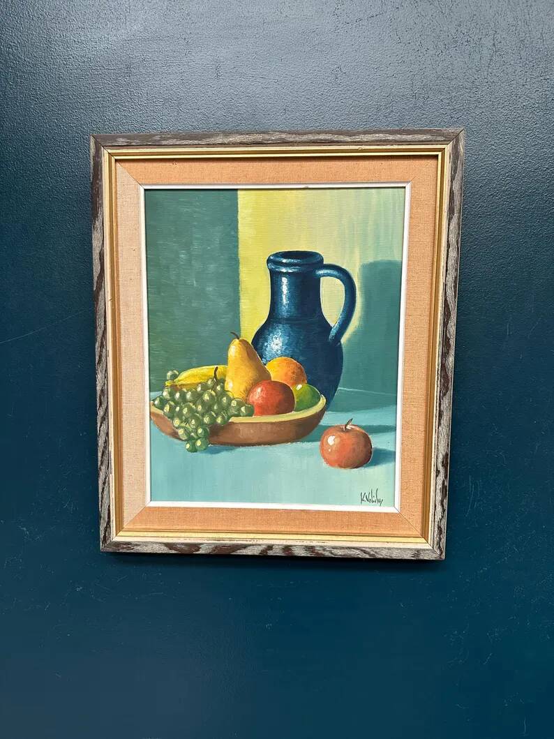 Original Swedish Oil on Canvas – 'Still Life with Fruits and Jug', Unknown Artist – Signed – Vintage and Framed – 52 × 44 cm (20.4" × 17.3")