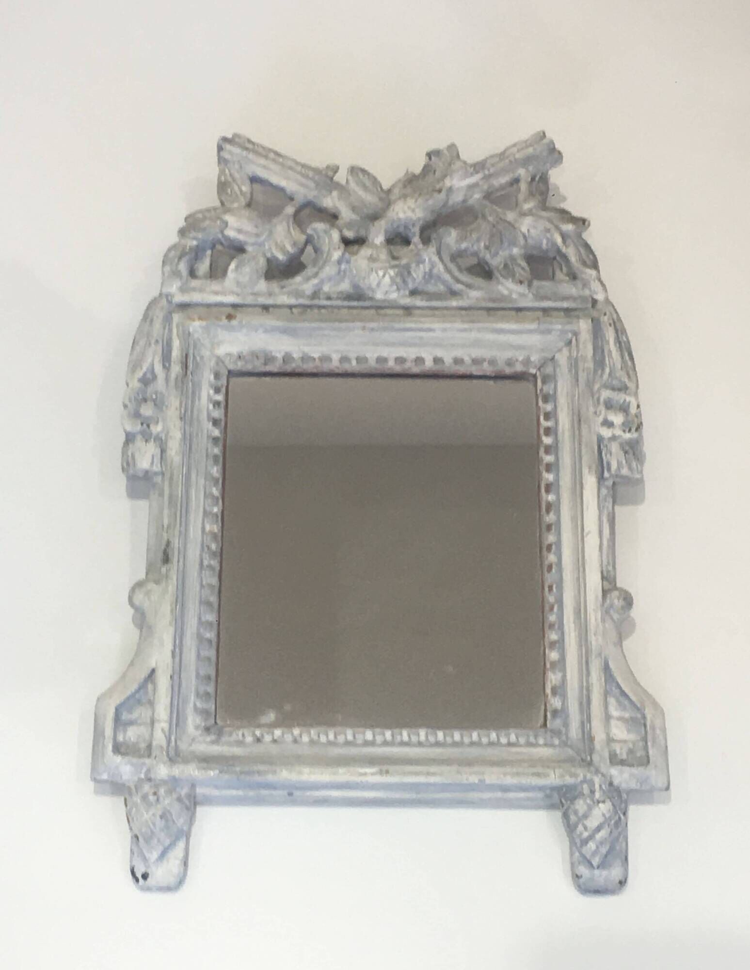 Louis XVI Style Mirror in Carved Wood with Grey Patina and Dove Pediment