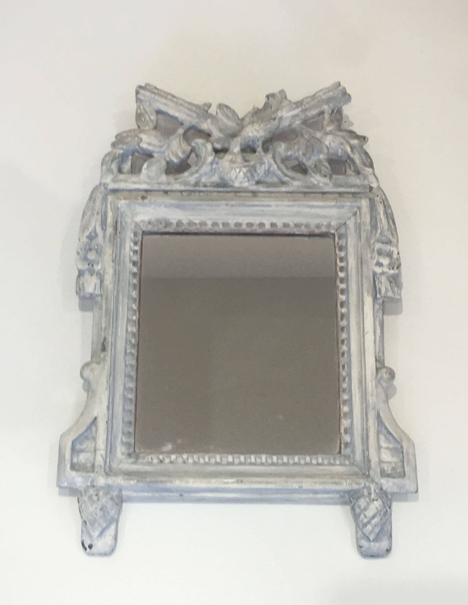 Louis XVI Style Mirror in Carved Wood with Grey Patina and Dove Pediment