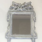 Louis XVI Style Mirror in Carved Wood with Grey Patina and Dove Pediment