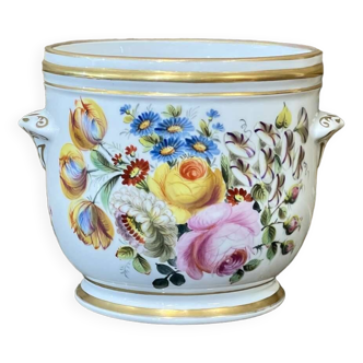 Cache pot en porcelaine blanche et or et décor de fleurs, peint à la main, travail des années 1930