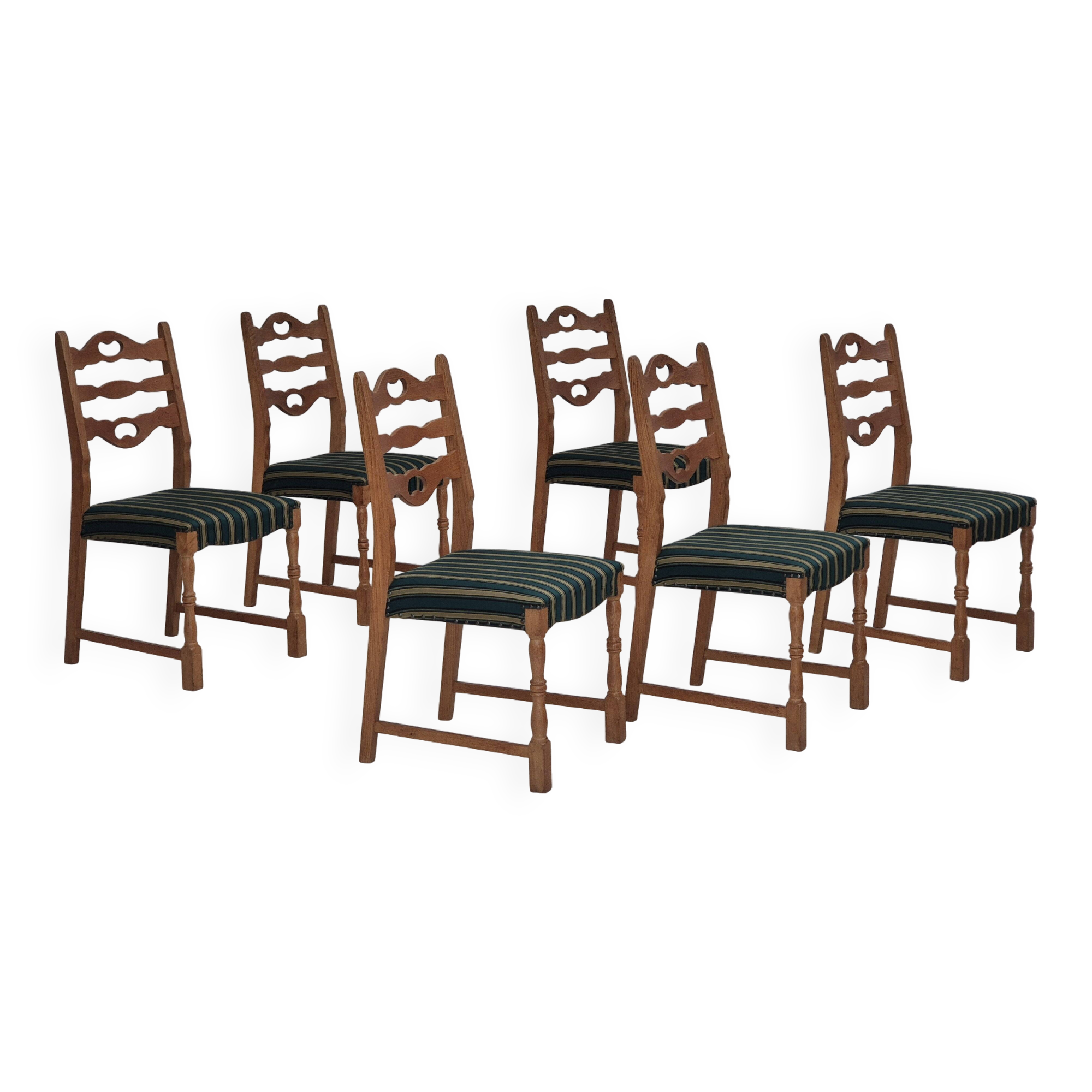 1970s, set of 6 Danish dining chairs, original condition, oak wood, furniture wool.
