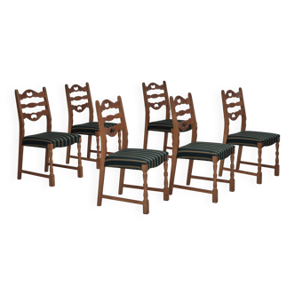 1970s, set of 6 Danish dining chairs, original condition, oak wood, furniture wool.