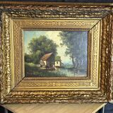 Barbizon School 19th century - Oil on panel - Washerwoman mill landscape - 1870