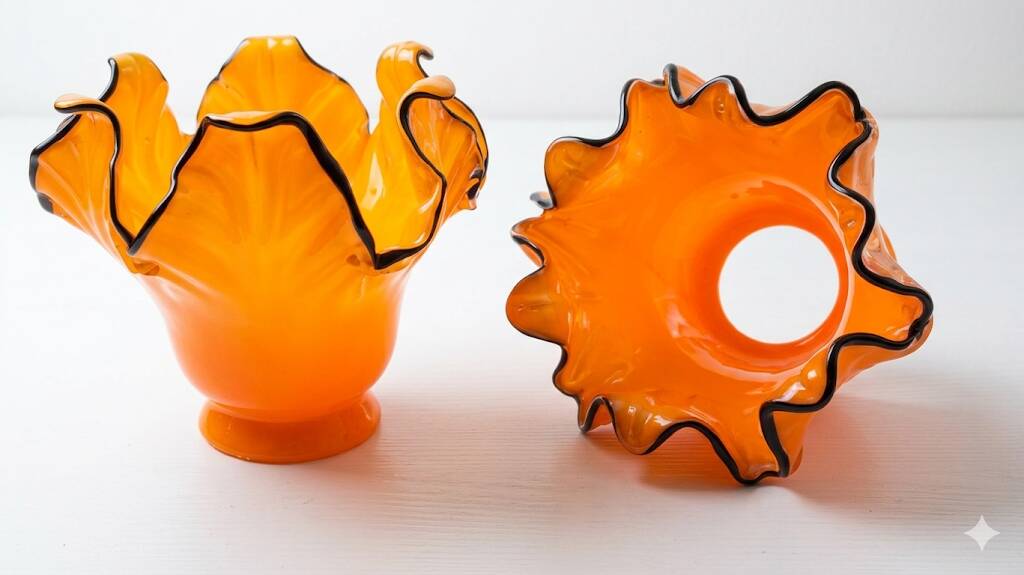 Pair of orange glass tulips with black trim, vintage 70s.