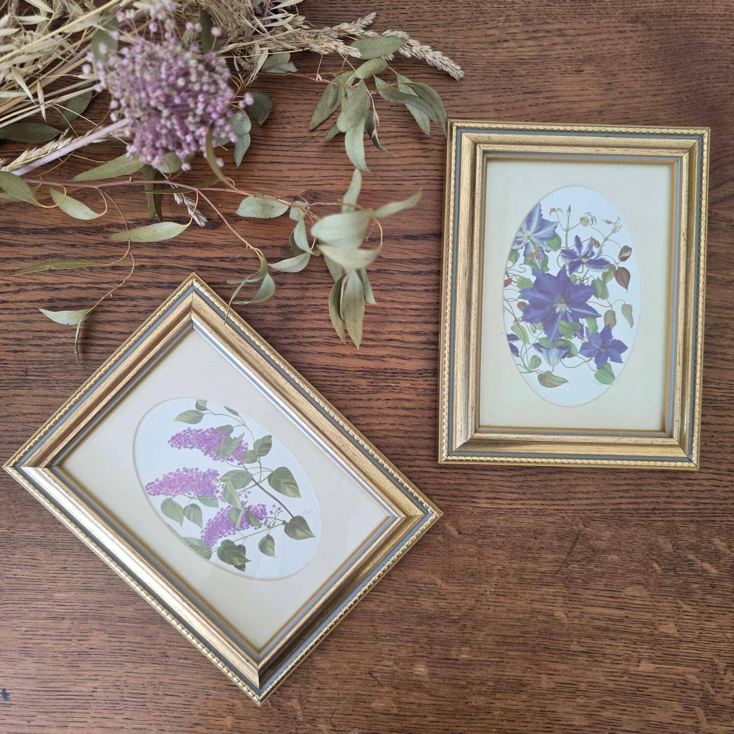 Set of 2 gilded frames under glass – V. Mappin purple flowers – 21.5 x 16.5 cm
