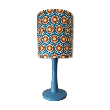 blue wooden table lamp, printed graphic flowers vintage style