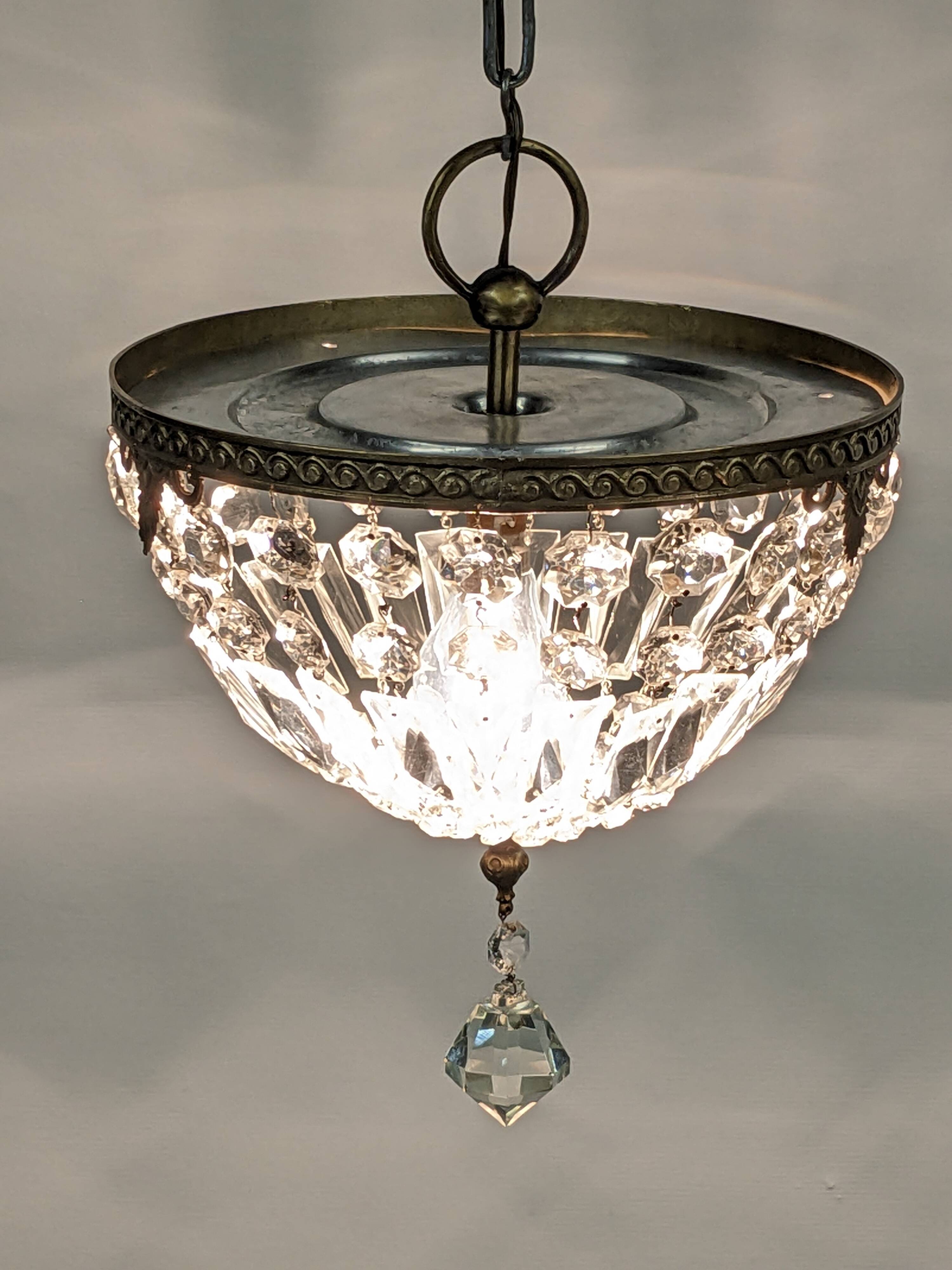 Louis XVI style bronze ceiling light and glass pendants