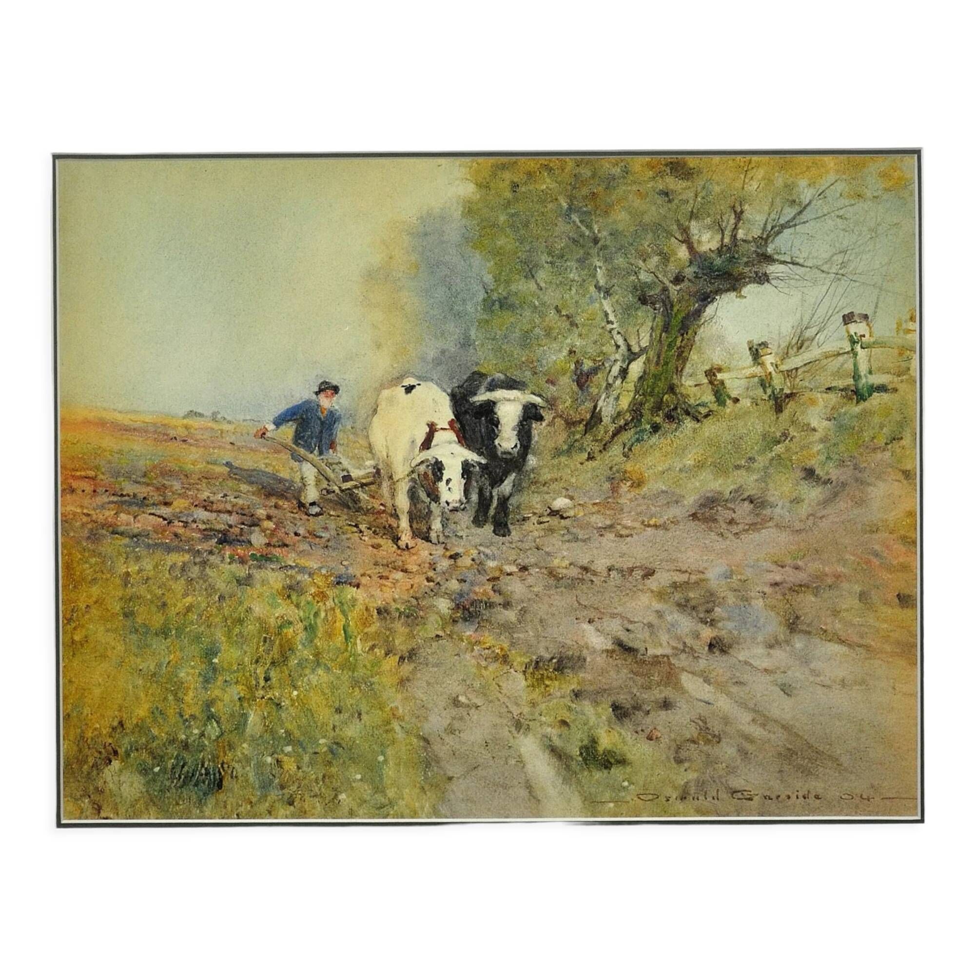 Oswald Garside 1879 - 1942. Bullocks Ploughing, 1904. Watercolour. Framed.
