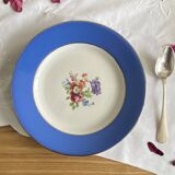6 antique blue ceramic dessert plates with flowers and gilding from Saint Amand Hamage.
