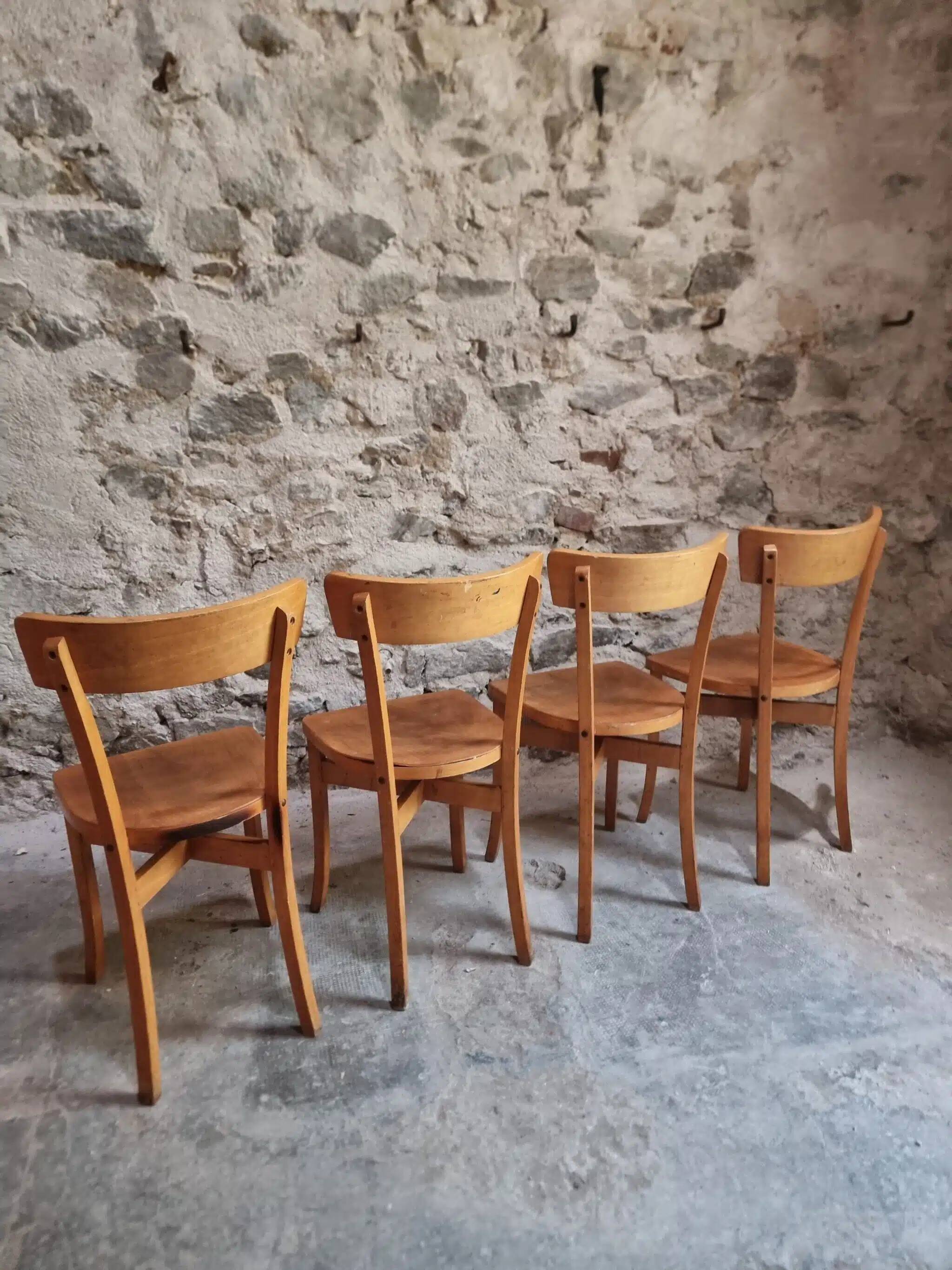 Set of 4 French bistro chairs, beech and plywood, 1960s, mid-century dining chairs.