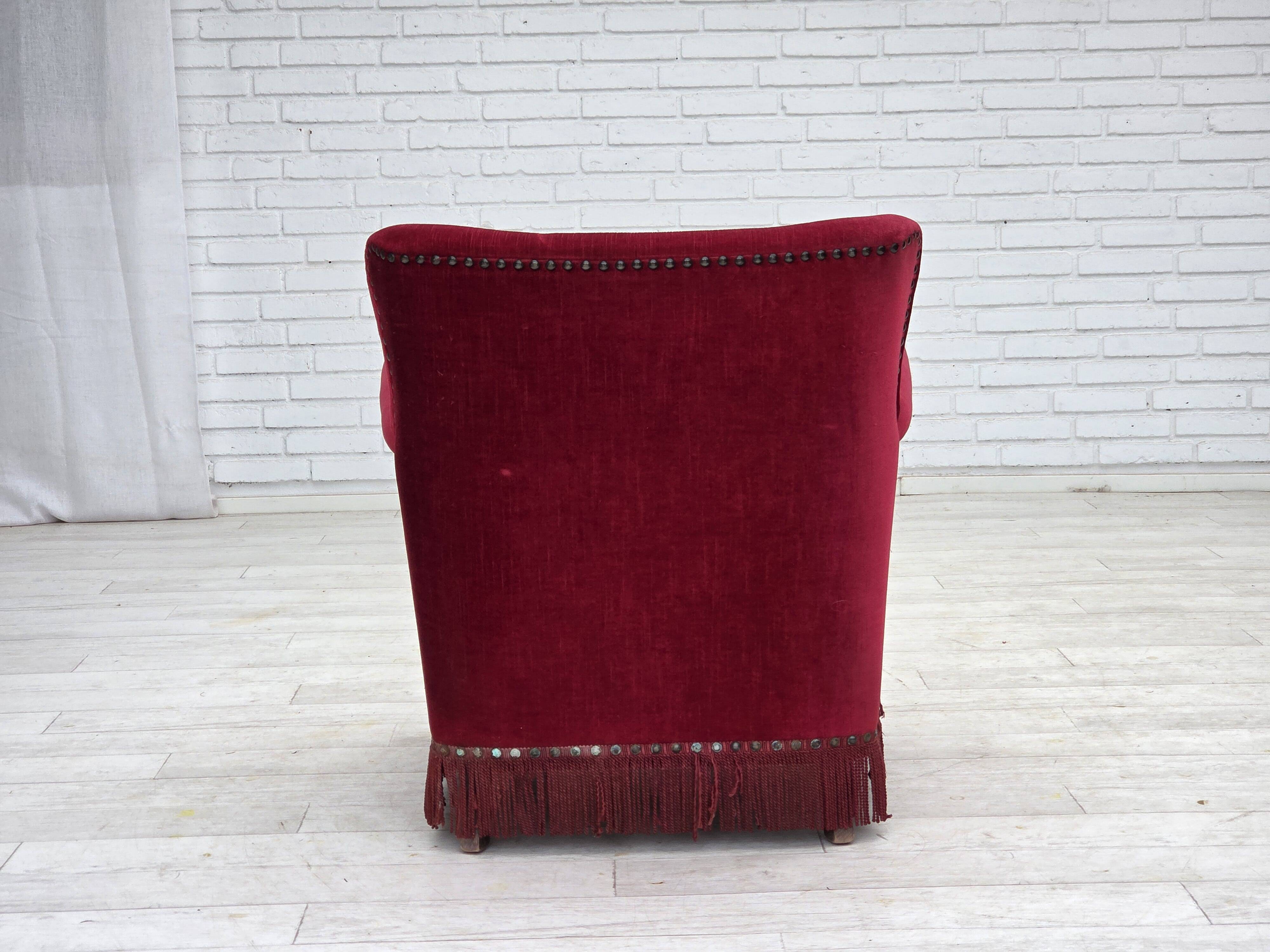 1970s, Danish armchair, red furniture velour, ash wood.