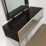 Vintage wooden console table with aluminum mirror, Italy, 1970s, original