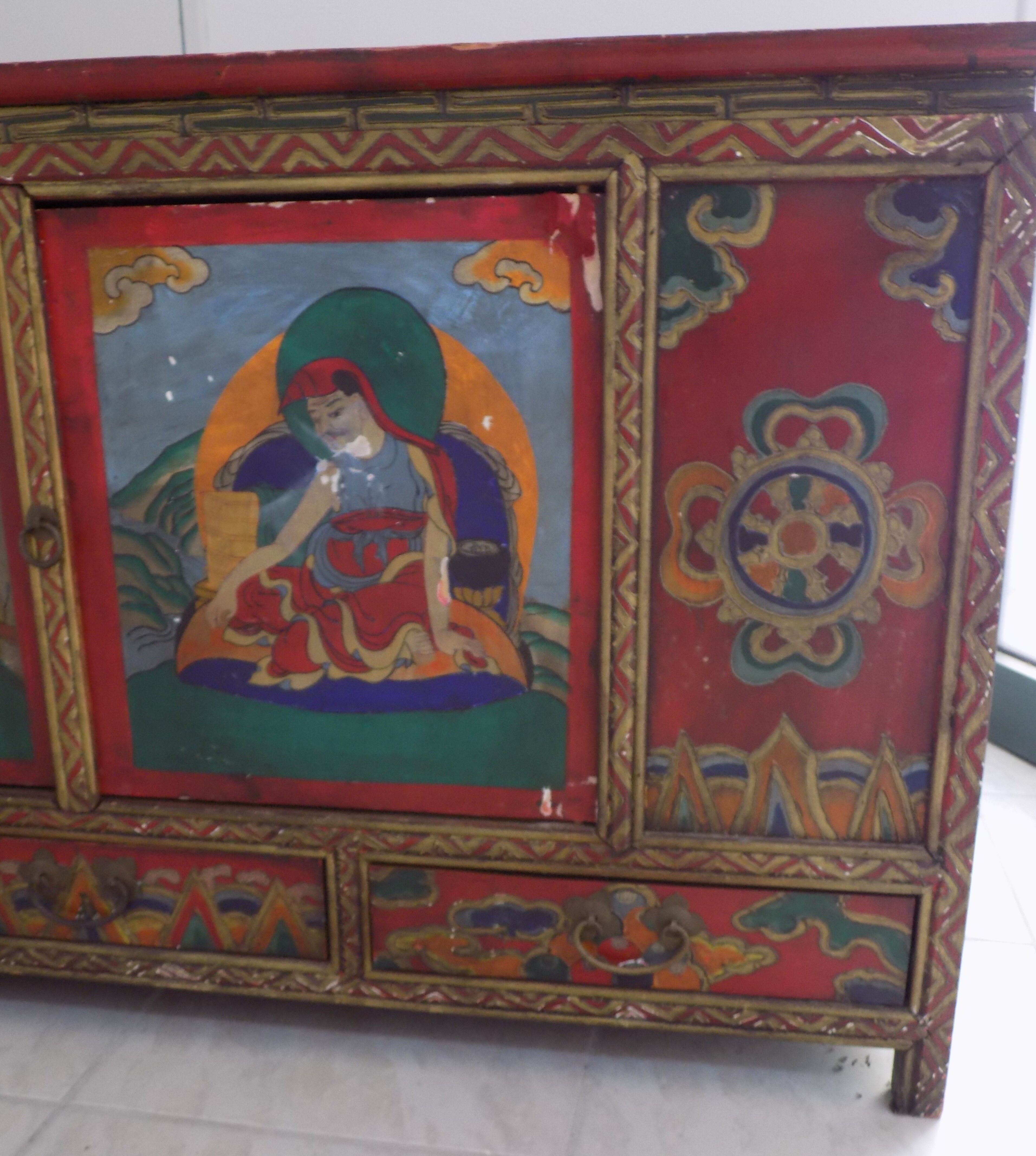 Hand-painted Nepalese Buddha sideboard with storage in the 70s