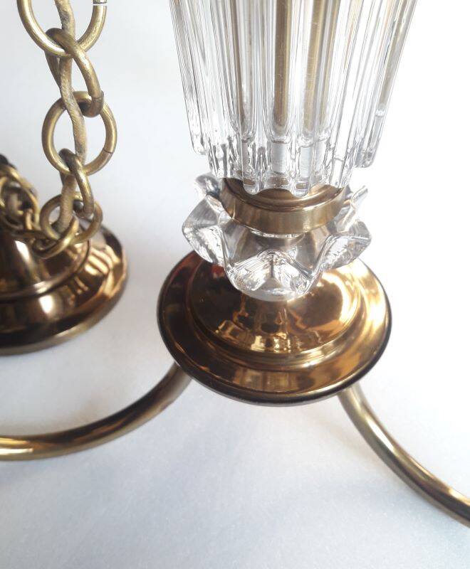 Chandelier 1950, 1960 3 lights gold metal and glass