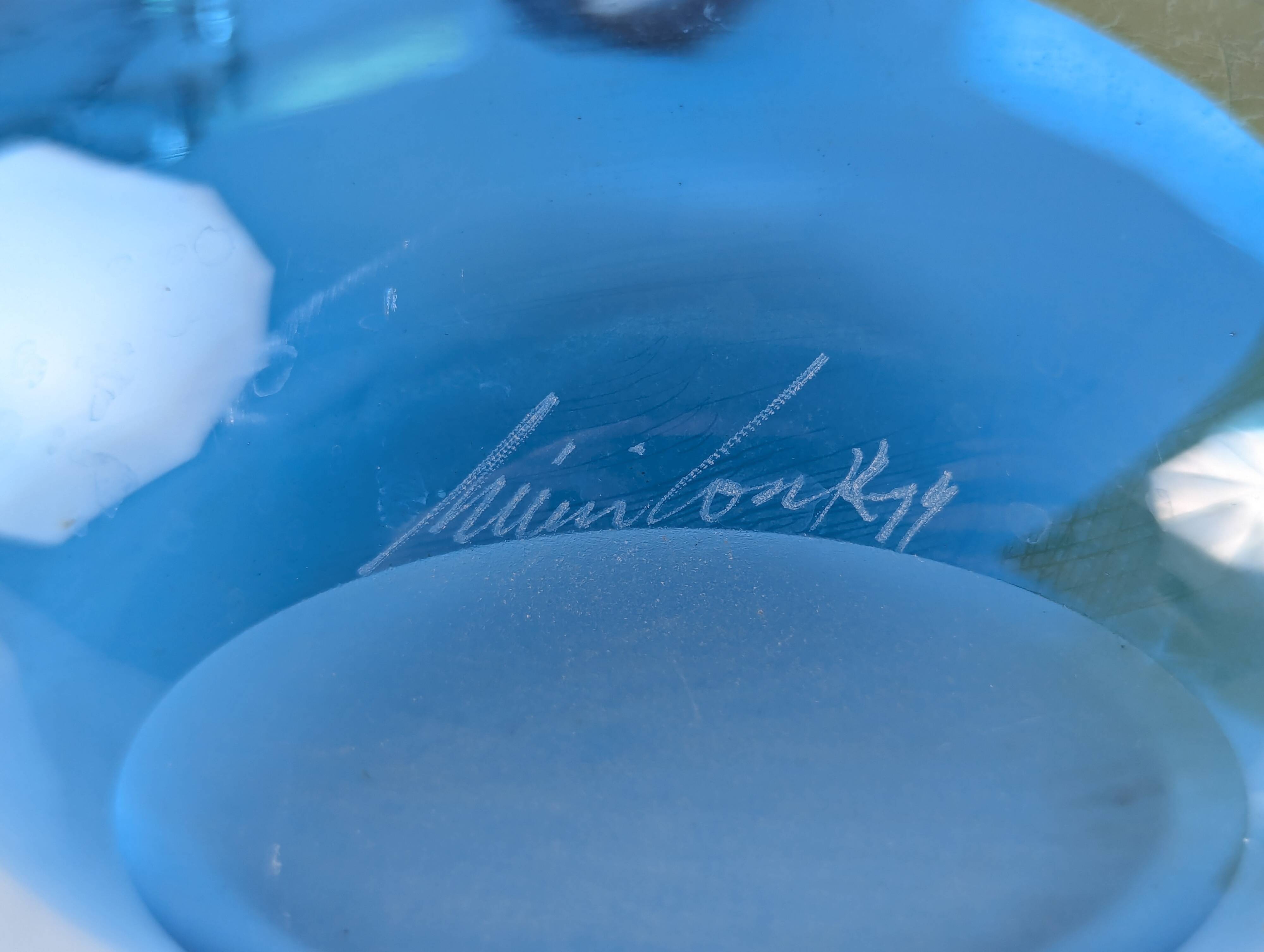 Unique Hand-Blown Glass Jug Signed by 20th Century Artisan – Vibrant Blue