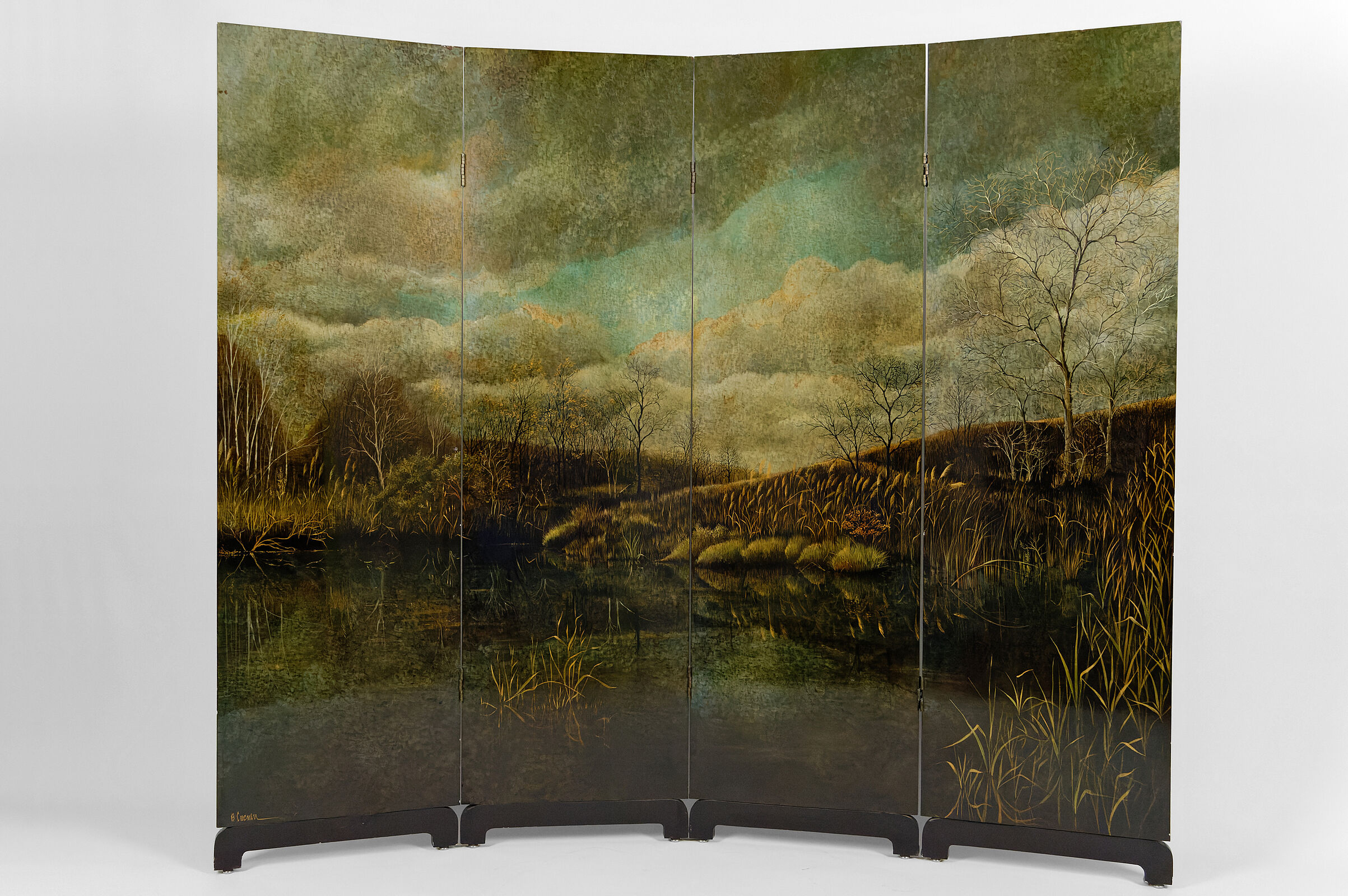 Screen by Bernard Cuenin with lacquered landscape, circa 1970