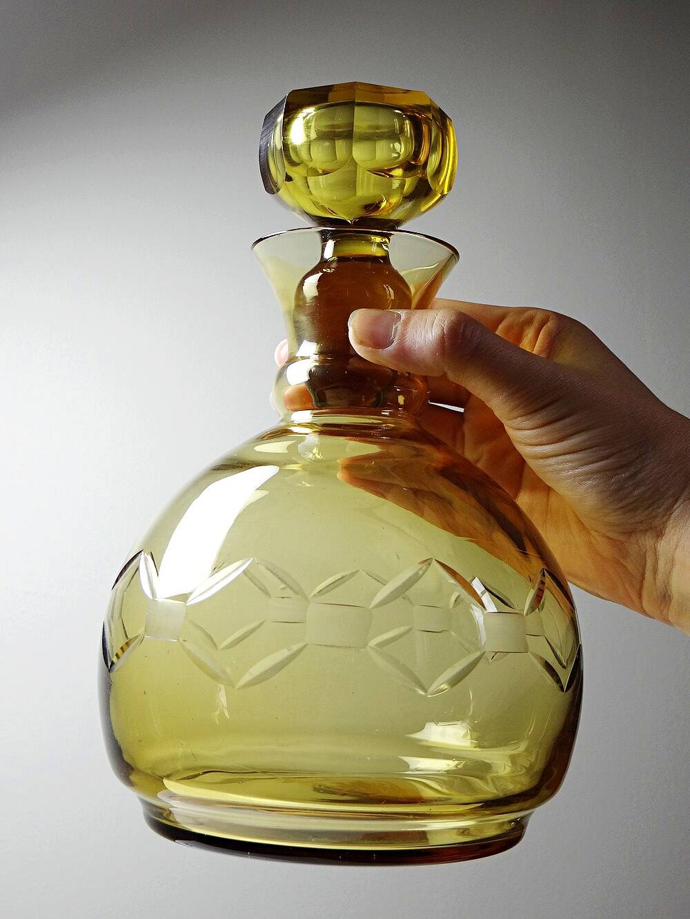 Vintage/antique Czech Amber Chiseled Blown Glass Decanter