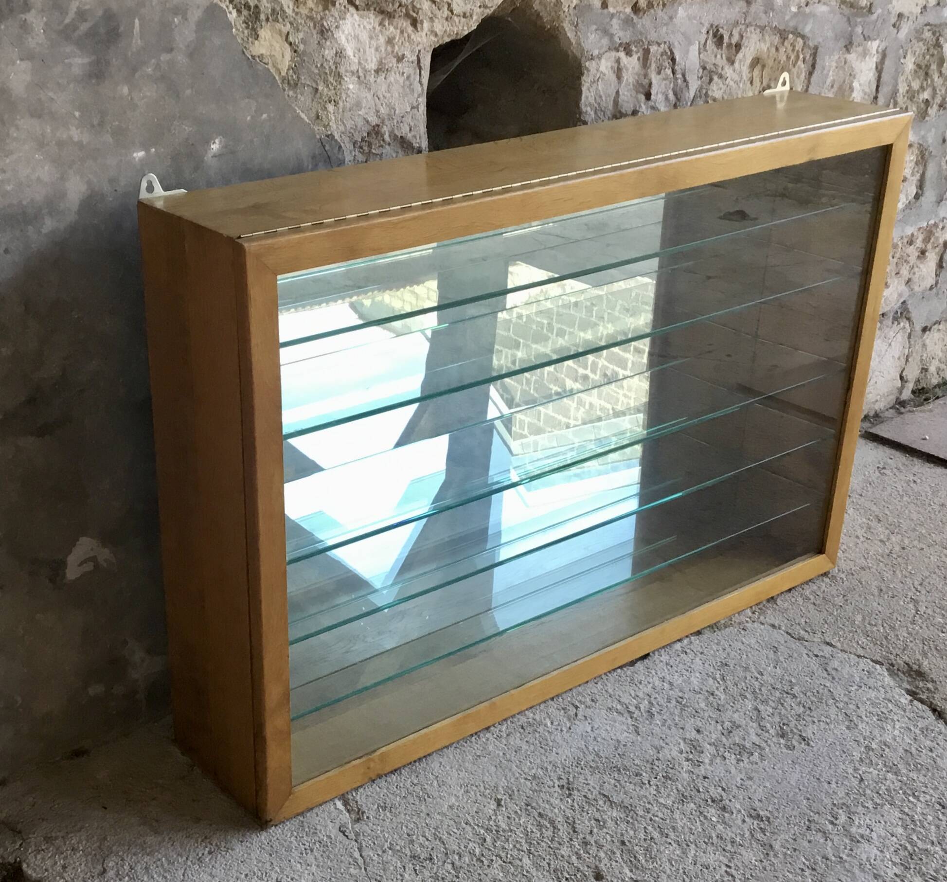 Large pharmacy wall display case in light oak - vintage 1960