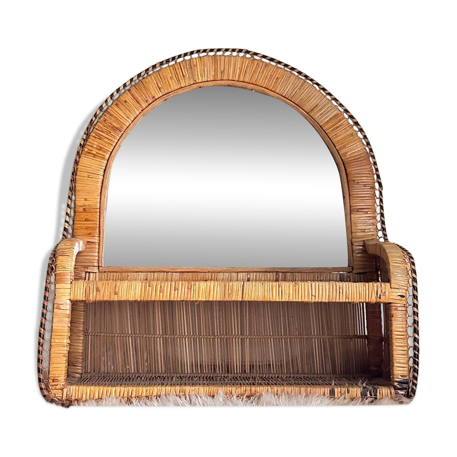 Woven rattan and wicker shelf mirror in the Emmanuelle style, Spain, 1970s.