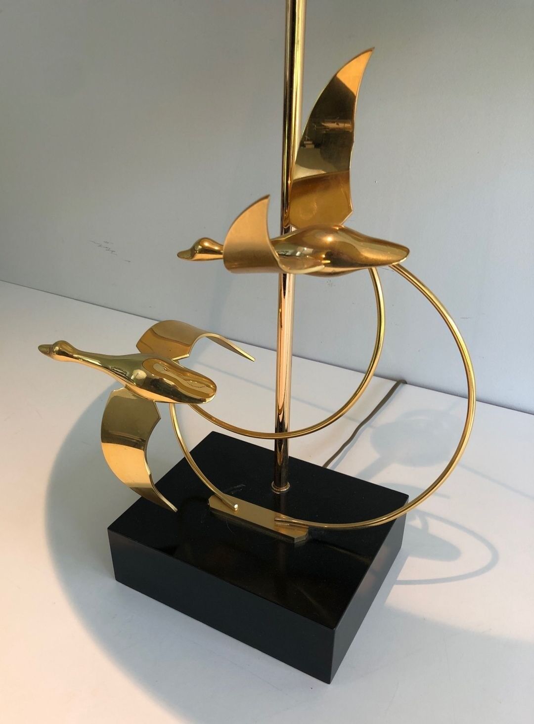 Brass Table Lamp with Wild Goose Flight, French Work, circa 1970
