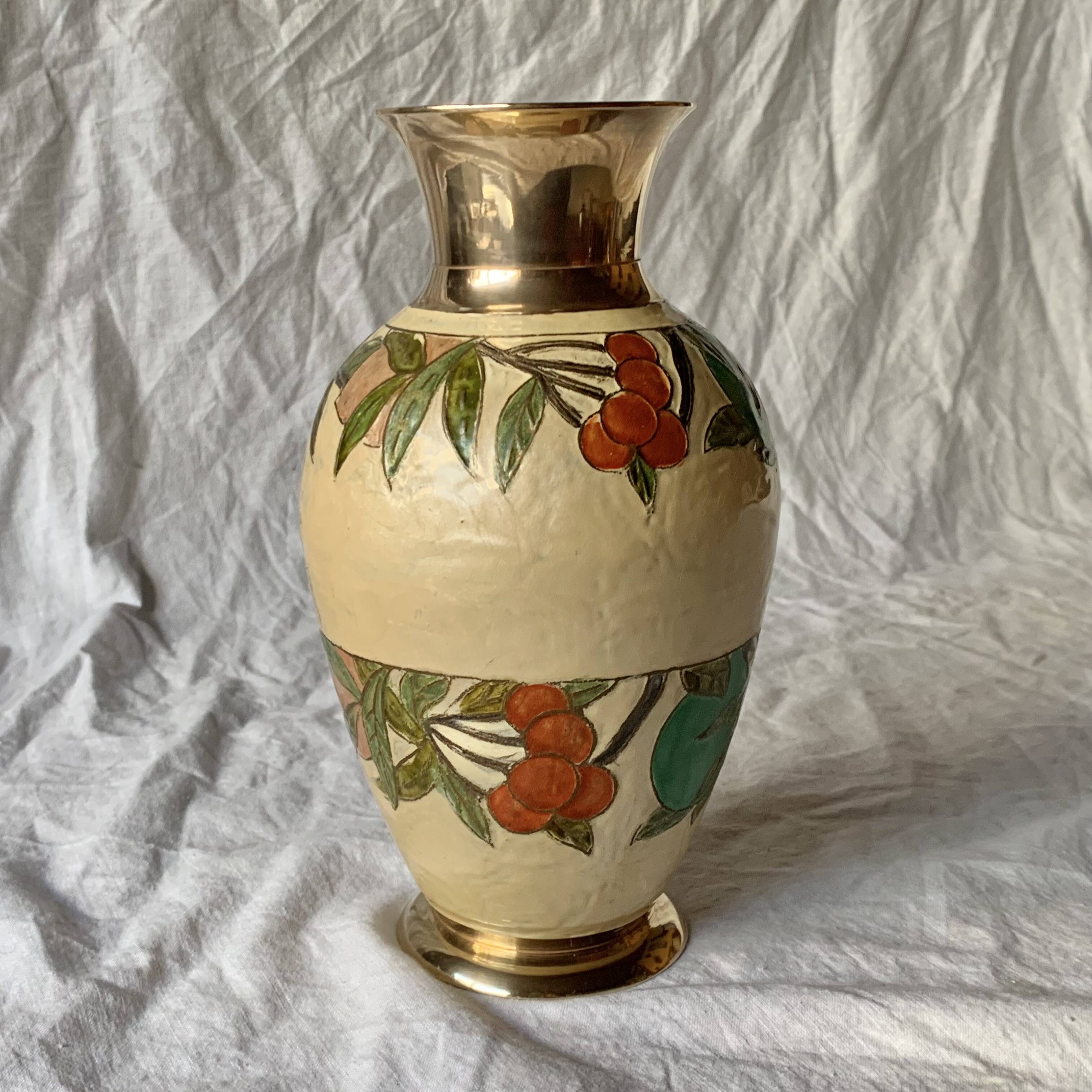 Vintage brass vase with cloisonné enamel floral decoration