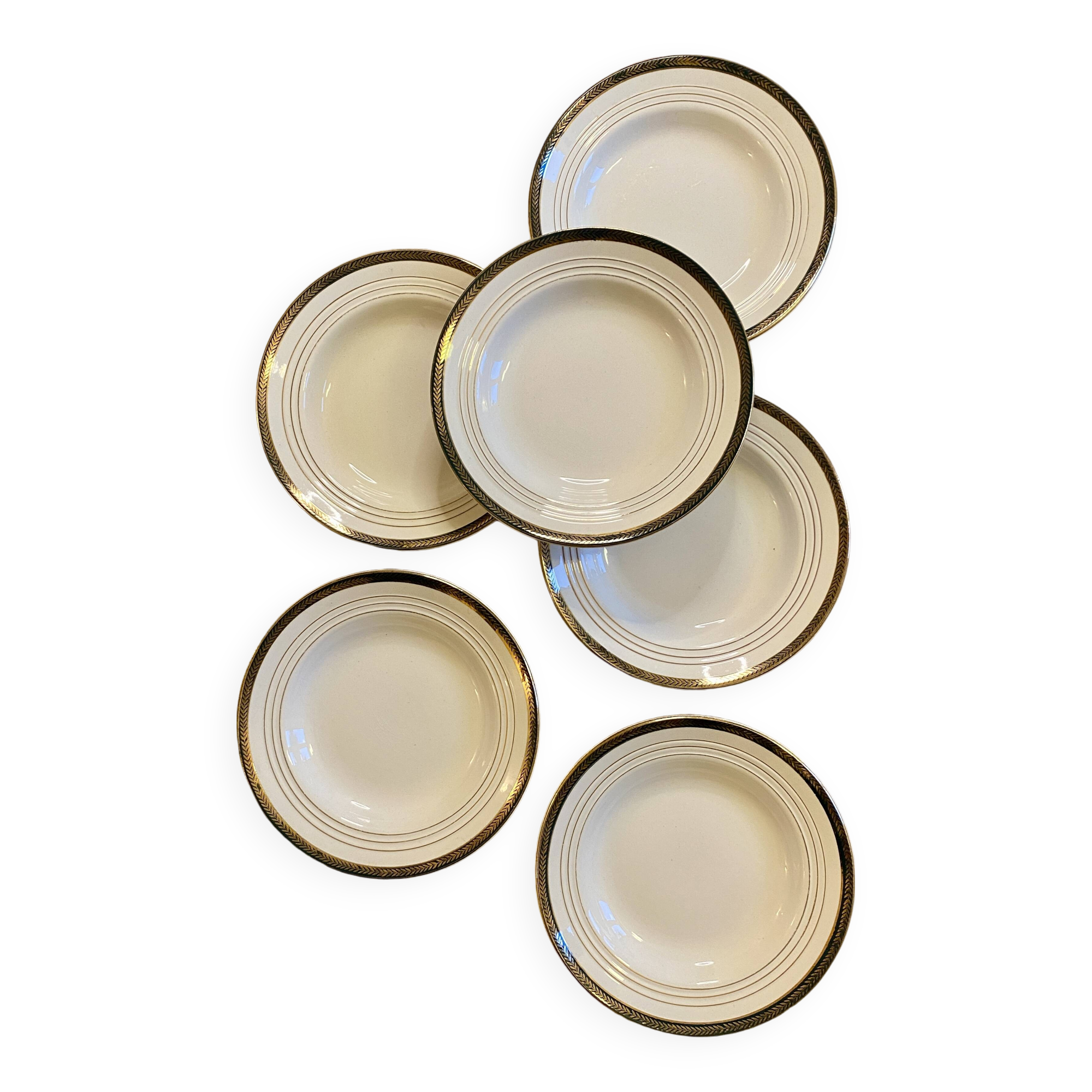 Set of 6 vintage semi-porcelain soup plates, Chinon de Céranord green and gold frieze
