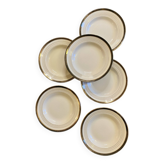 Set of 6 vintage semi-porcelain soup plates, Chinon de Céranord green and gold frieze