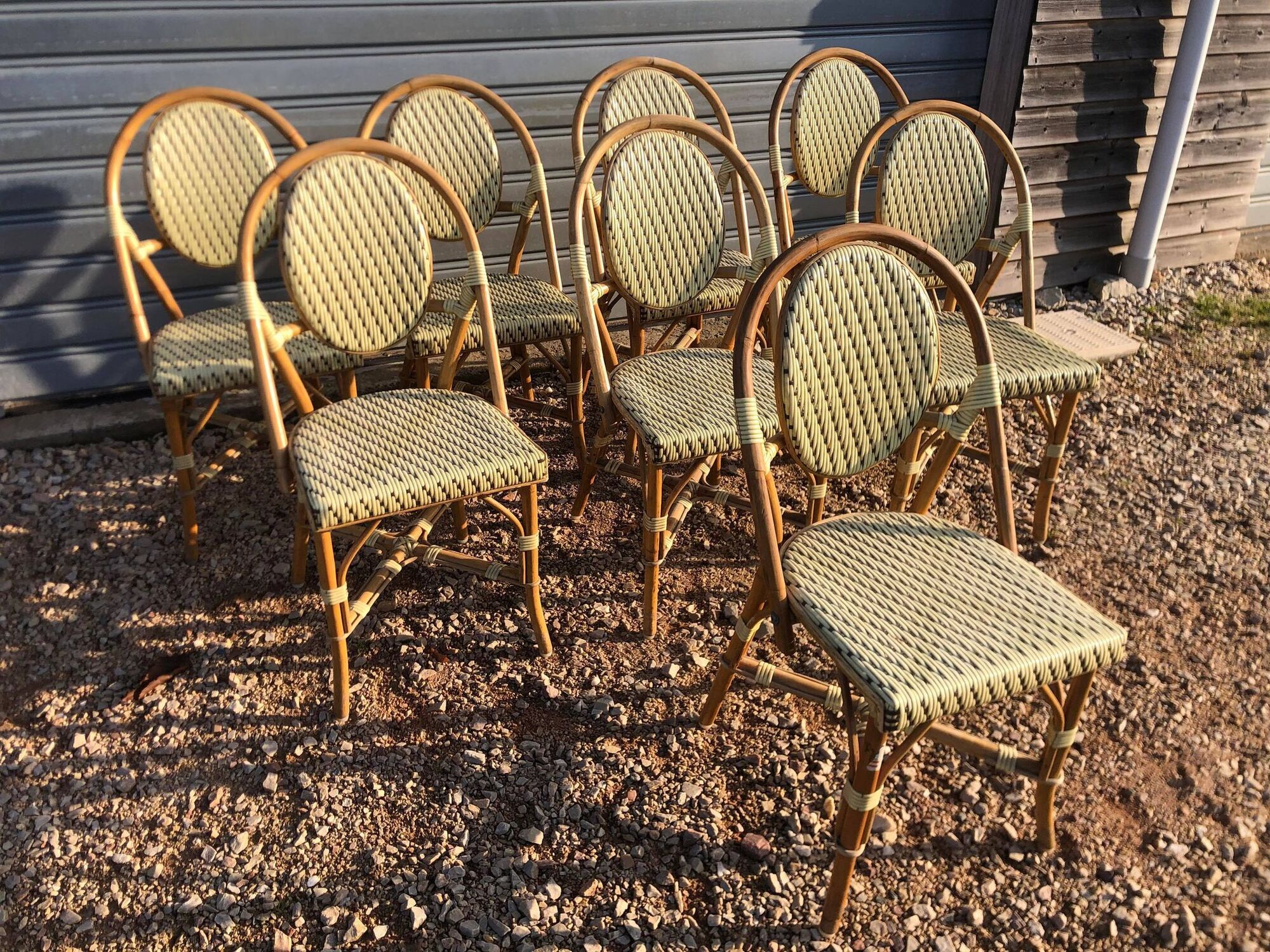 Set of 8 terrace chairs "bistro" in natural rattan beige braiding.