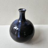 Blue glazed ceramic soliflore ball vase signed (Signature to be identified)