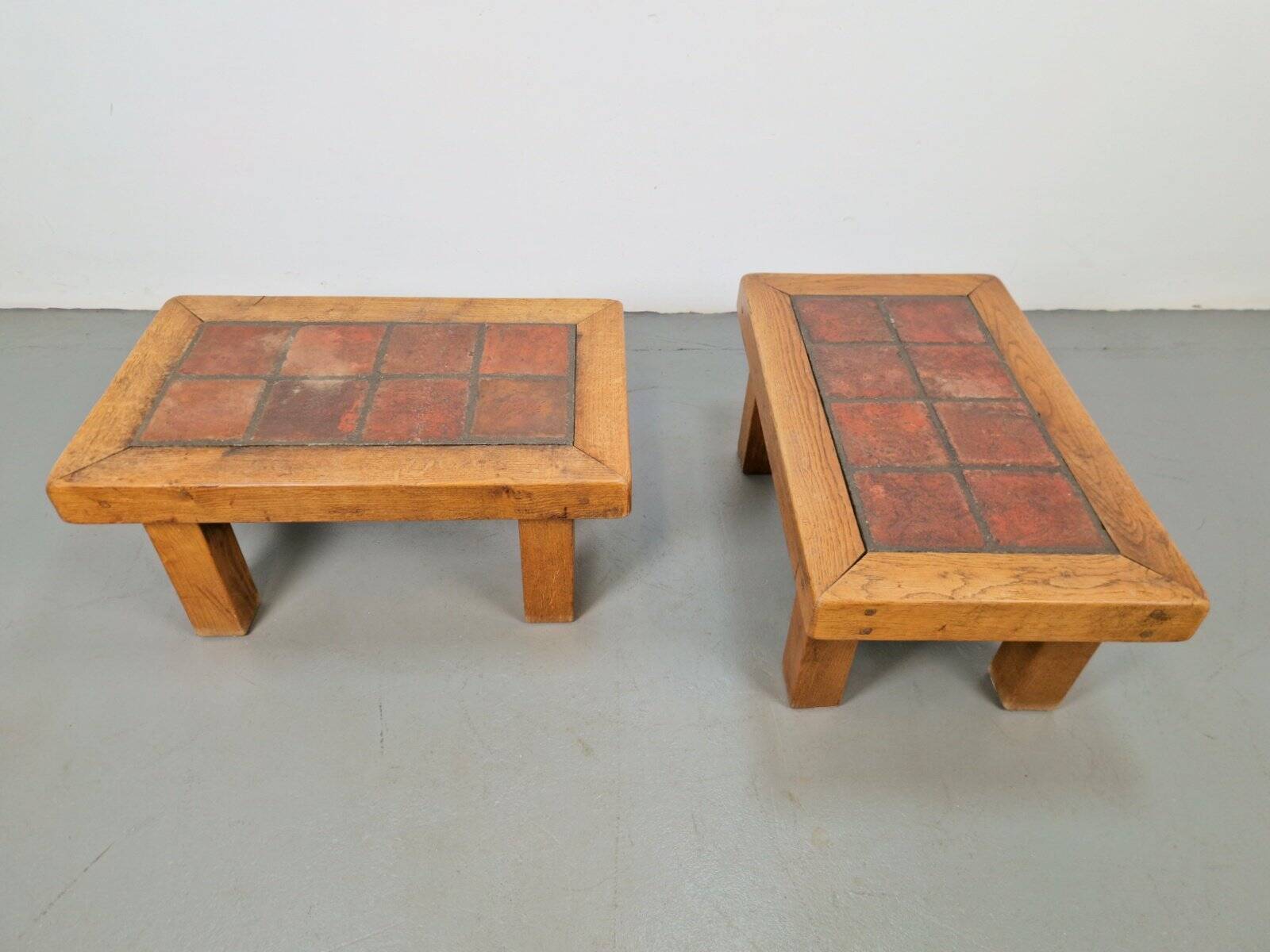 Brutalist Oak Side Table with Terracotta Tiles, 1950s, Set of 2