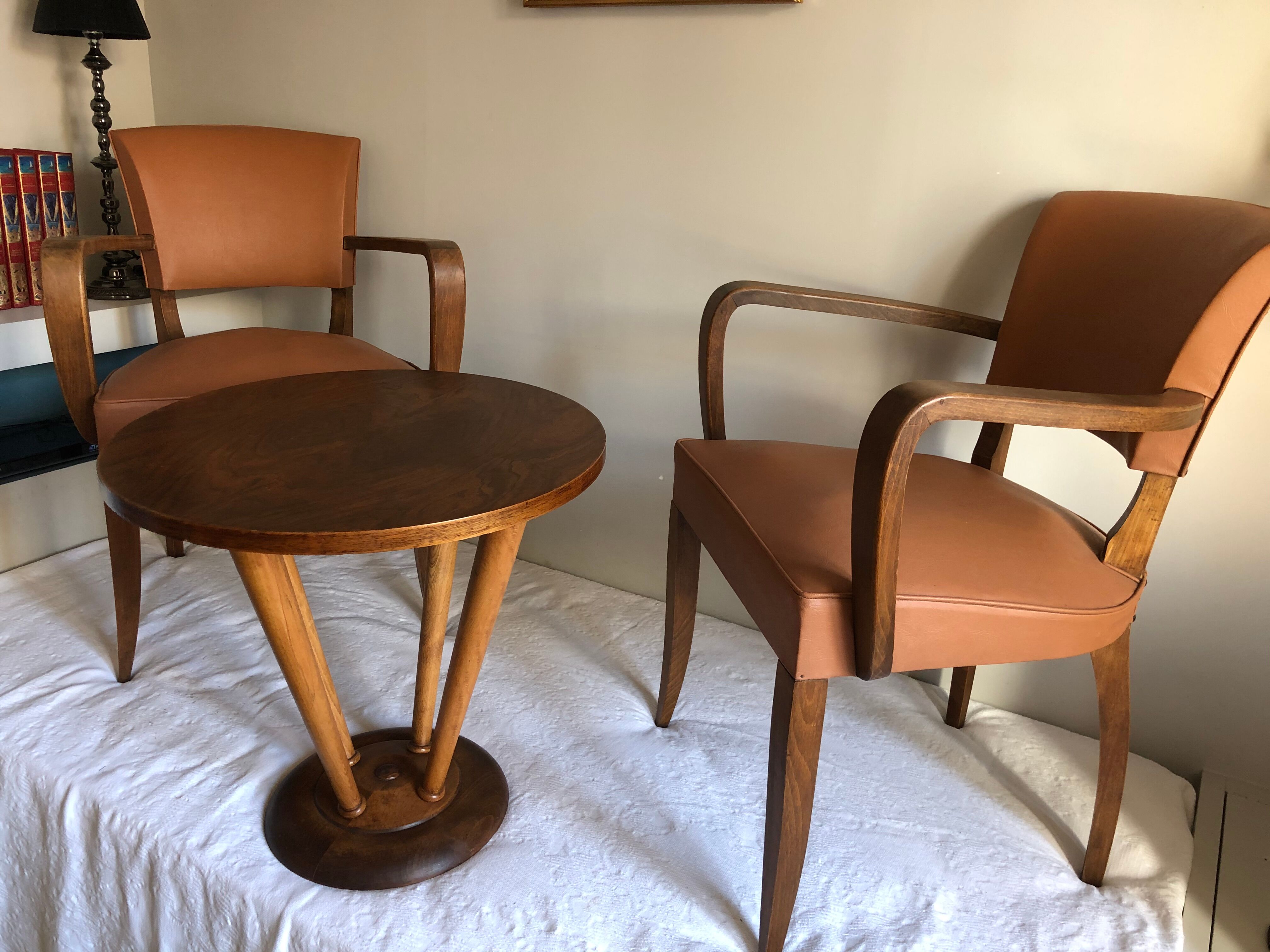 Pair of color wisky wood and skai armchairs 1950