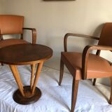 Pair of color wisky wood and skai armchairs 1950